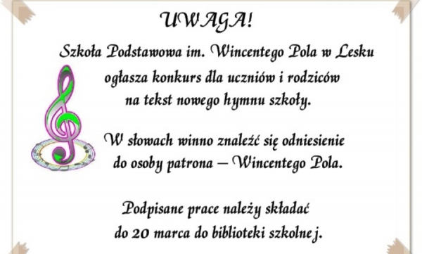 Uwaga - konkurs na tekst nowego hymnu szkoły podstawowej w Lesku!